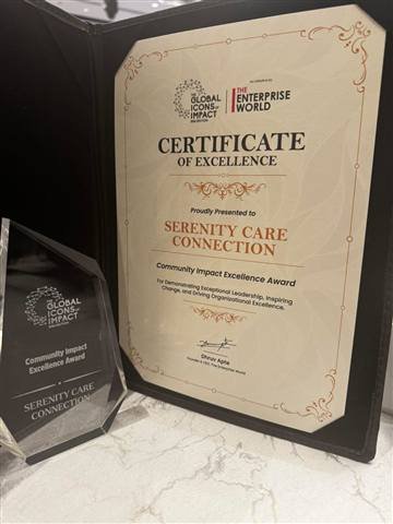 Certificate recognising Serenity Care Connection
